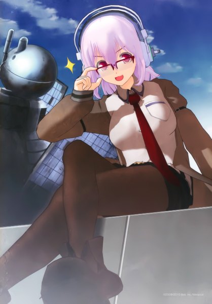 Anime picture 4837x6948 with steins;gate white fox nitroplus super sonico tsuji santa single long hair tall image highres open mouth red eyes sitting pink hair absurdres cosplay girl shirt glasses necktie headphones
