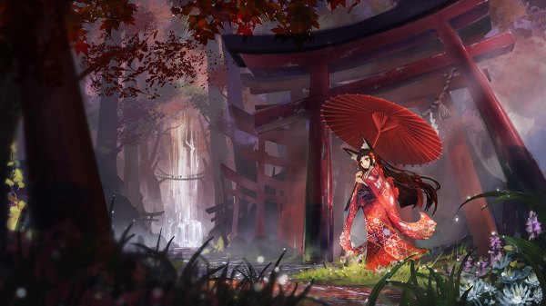 Anime picture 1200x675 with original irusu (kakimiira) single looking at viewer fringe red eyes brown hair wide image standing holding animal ears full body outdoors very long hair traditional clothes japanese clothes wide sleeves fox ears waterfall girl