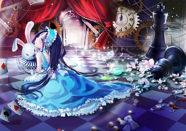 Anime picture 1500x1063 with alice in wonderland alice (alice in wonderland) white rabbit ginger-j long hair purple eyes purple hair checkered floor mechanical girl dress bow animal petals curtains toy necklace bonnet card (cards) chess