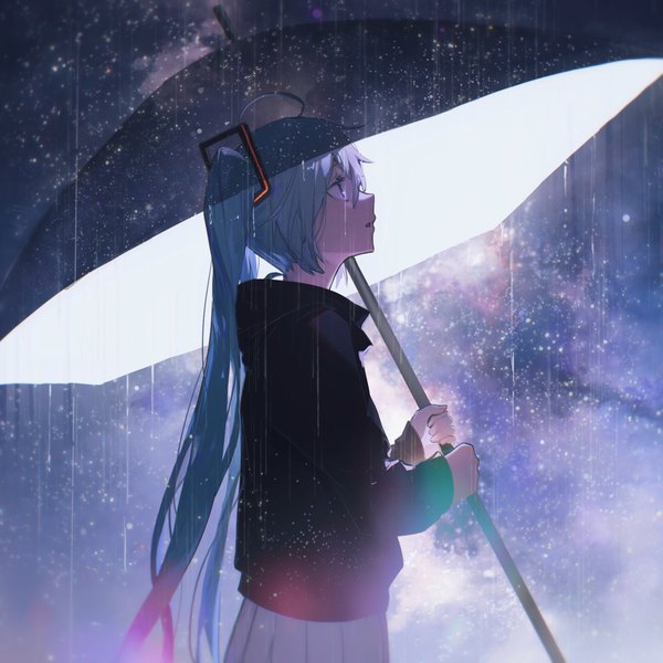 Anime picture 2048x2048 with vocaloid hatsune miku konya karasue single long hair fringe highres open mouth blue eyes hair between eyes standing twintails blue hair ahoge outdoors profile pleated skirt rain girl skirt