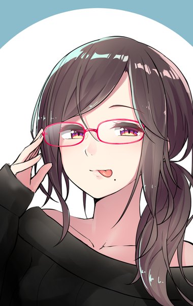 Anime picture 1013x1600 with ninnzinn single long hair tall image looking at viewer fringe simple background red eyes brown hair off shoulder mole side ponytail portrait mole under mouth :q adjusting glasses girl glasses tongue