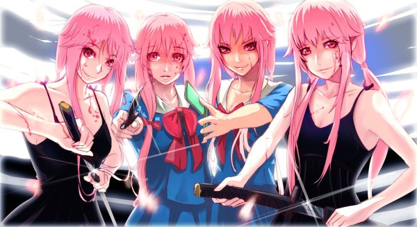 Anime picture 1200x656 with mirai nikki gasai yuno beanbean1988 long hair looking at viewer open mouth smile wide image twintails bare shoulders multiple girls pink hair pink eyes multiple persona girl dress uniform weapon school uniform sword