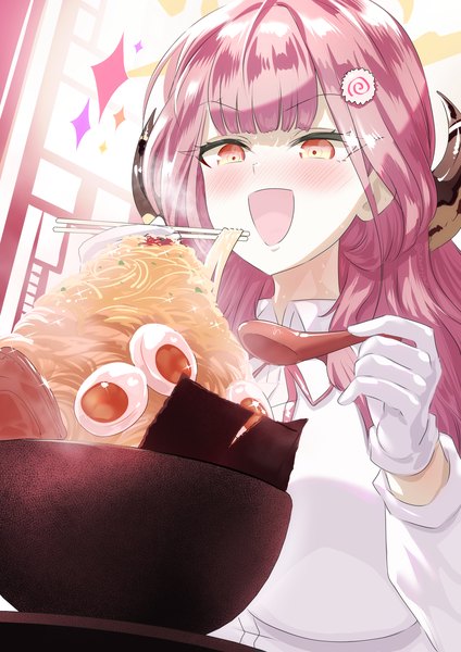 Anime picture 1457x2064 with blue archive aru (blue archive) uenoryoma single long hair tall image blush open mouth red eyes pink hair upper body :d horn (horns) happy girl gloves shirt food white gloves white shirt