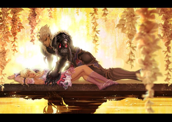 Anime picture 1400x997 with aion mugon short hair blonde hair white hair lying eyes closed armpit (armpits) couple dark skin glowing arms behind head girl dress boy water armor branch skull