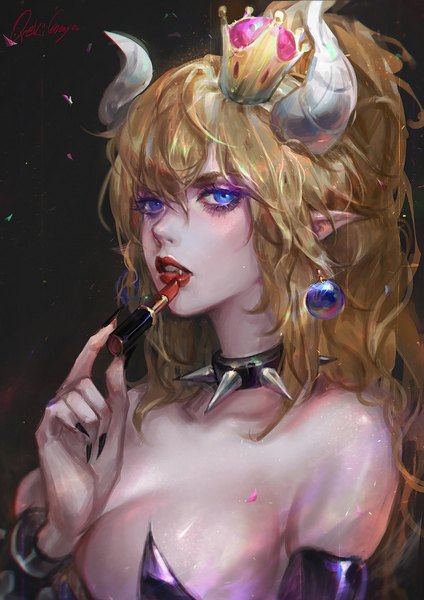 Anime picture 1060x1500 with super mario bros. new super mario bros. u deluxe bowsette oreki genya single long hair tall image looking at viewer fringe breasts blue eyes light erotic simple background blonde hair hair between eyes large breasts bare shoulders signed upper body ponytail