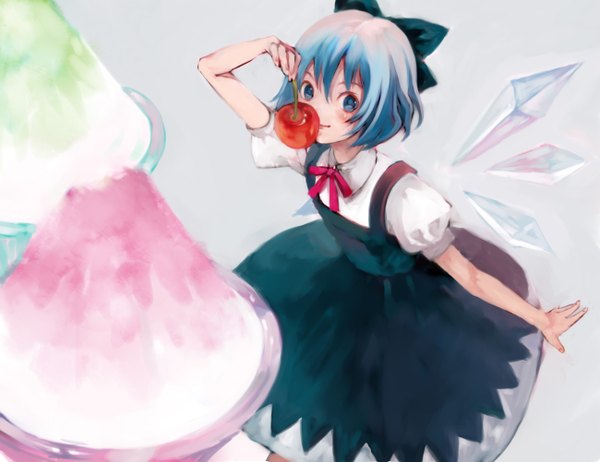 Anime picture 1300x1002 with touhou cirno fukahire (ruinon) single blush short hair blue eyes smile blue hair girl dress bow hair bow wings food berry (berries) cherry