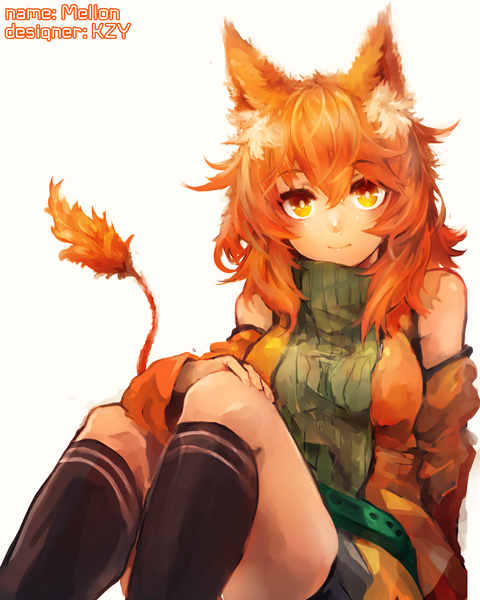 Anime picture 1335x1670 with original maido mido single long hair tall image looking at viewer fringe breasts simple background smile sitting bare shoulders animal ears tail animal tail orange hair orange eyes fox ears fox tail girl