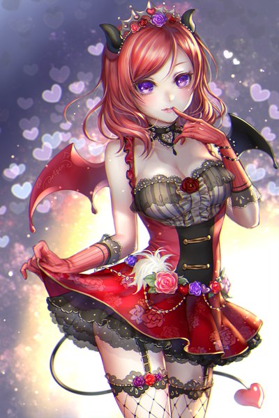 Anime picture 800x1200 with love live! school idol project sunrise (studio) love live! nishikino maki ao+beni single tall image looking at viewer blush short hair light erotic standing purple eyes cleavage red hair tail horn (horns) finger to mouth demon tail demon wings
