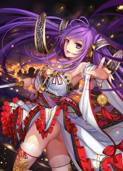 Anime picture 1529x2112 with original musynexsk single long hair tall image open mouth light erotic purple eyes twintails purple hair ass girl thighhighs dress ribbon (ribbons) weapon hair ribbon sword