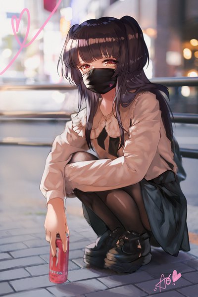 Anime picture 2000x2998 with idolmaster idolmaster shiny colors monster energy mayuzumi fuyuko apple caramel single long hair tall image looking at viewer fringe highres black hair holding brown eyes signed payot full body outdoors blunt bangs long sleeves
