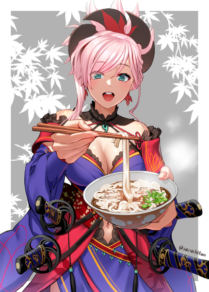 Anime picture 2646x3679 with fate (series) fate/grand order miyamoto musashi (fate) saruchitan single tall image looking at viewer blush fringe highres short hair breasts open mouth light erotic smile hair between eyes large breasts standing bare shoulders holding