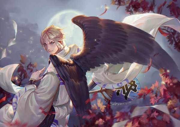 Anime picture 2122x1500 with onmyoji daitengu (onmyoji) ootengu (onmyoji) lian yao single highres short hair blue eyes blonde hair traditional clothes japanese clothes looking back from above dated black wings boy wings moon full moon branch