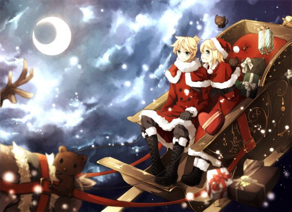 Anime picture 2200x1600 with vocaloid kagamine rin kagamine len doubutsu blush fringe highres short hair open mouth blue eyes blonde hair smile sitting blurry night sky fur trim hug snowing christmas winter