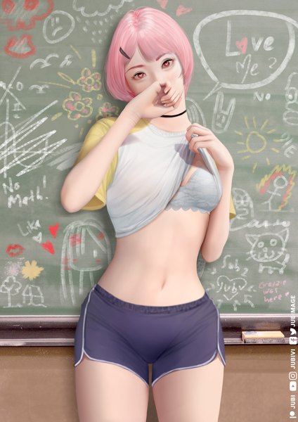 Anime picture 2480x3508 with original lika (jubi) jubi (regiana) single tall image looking at viewer highres short hair breasts light erotic signed pink hair head tilt pink eyes thigh gap symbol-shaped pupils scar covered mouth heart-shaped pupils against wall