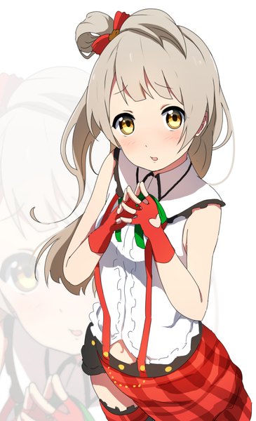 Anime picture 548x900 with love live! school idol project sunrise (studio) love live! minami kotori icehotmilktea single long hair tall image looking at viewer blush fringe open mouth brown hair standing yellow eyes head tilt from above arms up sleeveless one side up