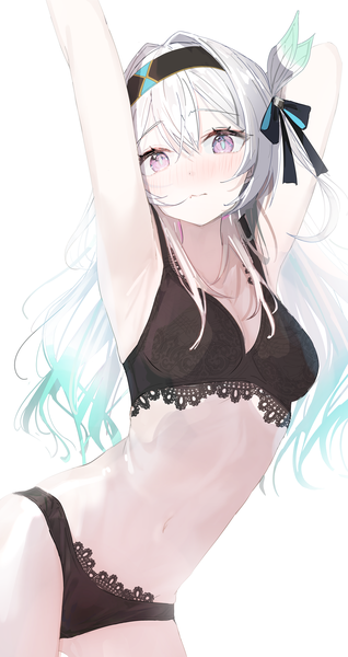 Anime picture 4510x8510 with honkai: star rail honkai (series) firefly (honkai: star rail) nei1122 single long hair tall image blush fringe highres light erotic simple background hair between eyes white background absurdres silver hair pink eyes multicolored hair aqua hair embarrassed