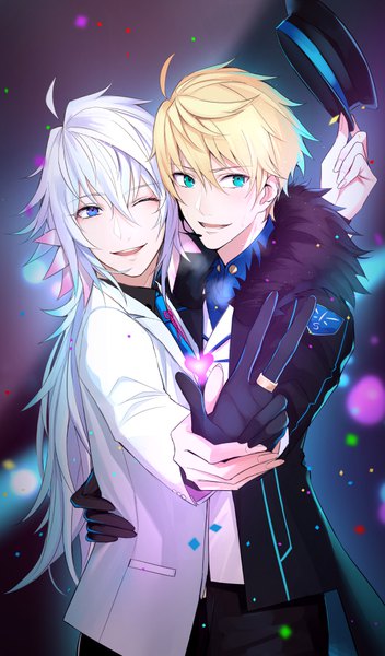 Anime picture 587x1000 with fate (series) fate/grand order fate/prototype merlin (fate) arthur pendragon (fate) shijiu (adamhutt) long hair tall image fringe short hair open mouth blue eyes simple background blonde hair smile hair between eyes standing holding payot silver hair