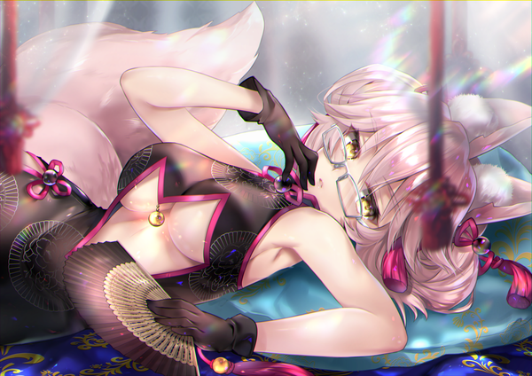 Anime picture 4093x2894 with fate (series) fate/grand order tamamo (fate) (all) koyanskaya hane yuki single long hair looking at viewer blush fringe highres breasts light erotic hair between eyes large breasts holding animal ears absurdres tail lying