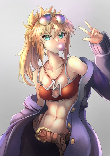 Anime picture 1191x1684 with fate (series) fate/grand order mordred (fate) ohako (ohako1818) single long hair tall image looking at viewer blush fringe breasts light erotic simple background blonde hair large breasts standing bare shoulders cleavage ponytail aqua eyes