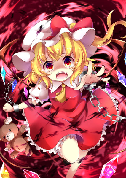 Anime picture 1254x1771 with touhou flandre scarlet sisterakuma single tall image looking at viewer short hair open mouth blonde hair red eyes short sleeves fang (fangs) puffy sleeves tears one side up shaded face outstretched hand scared girl skirt