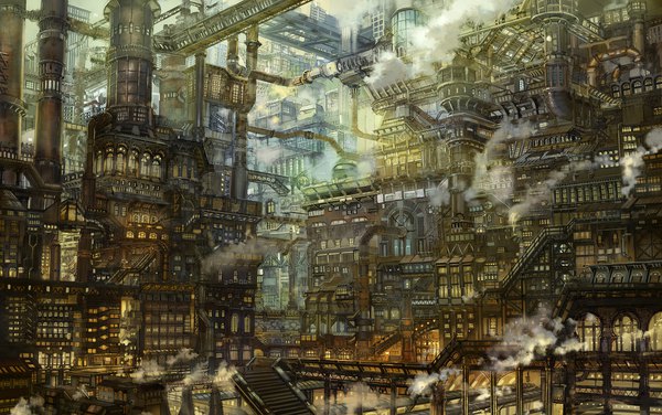 Anime picture 1878x1178 with original munashichi highres city no people landscape scenic steam steam punk building (buildings) stairs pipe factory