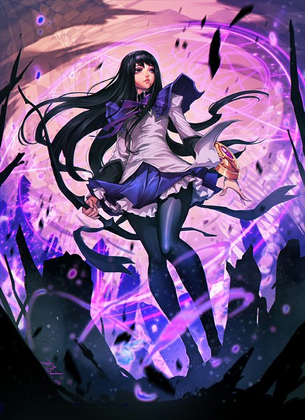 Anime picture 728x1000 with mahou shoujo madoka magica shaft (studio) akemi homura felsus single long hair tall image black hair purple eyes looking away pleated skirt from below girl skirt weapon pantyhose bow (weapon)