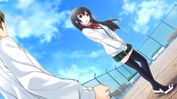 Anime picture 1280x720 with tsuisou no augment hinasaki you long hair black hair red eyes wide image game cg cloud (clouds) girl thighhighs skirt uniform black thighhighs school uniform miniskirt
