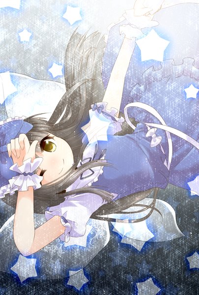 Anime picture 1181x1748 with touhou star sapphire koza (artist) single long hair tall image black hair smile yellow eyes one eye closed wink girl dress bow hair bow frills star (symbol)