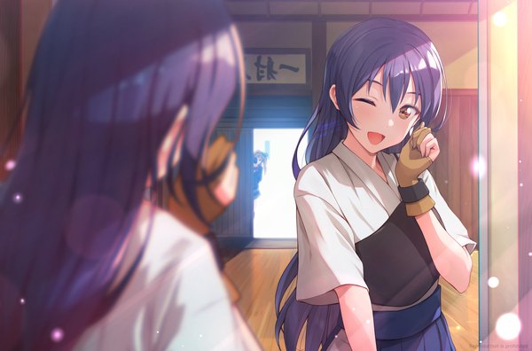 Anime picture 1275x841 with love live! school idol project sunrise (studio) love live! minami kotori sonoda umi shamakho long hair blush fringe open mouth smile standing multiple girls holding signed yellow eyes purple hair upper body indoors one eye closed