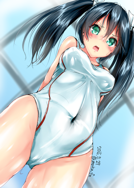 Anime picture 1000x1399 with kantai collection isuzu light cruiser mokufuu single long hair tall image blush breasts open mouth light erotic black hair twintails green eyes signed from below dated hands behind back surprised girl swimsuit
