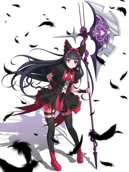 Anime picture 1549x2048 with gate - jieitai ka no chi nite kaku tatakaeri a-1 pictures rory mercury brightdark (atrahasis) single long hair tall image looking at viewer black hair smile red eyes shadow lolita fashion goth-loli girl thighhighs dress bow weapon black thighhighs