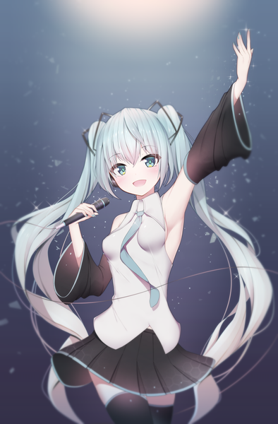 Anime picture 1000x1521 with vocaloid hatsune miku giryu single tall image looking at viewer blush fringe breasts open mouth smile hair between eyes standing twintails bare shoulders holding blue hair very long hair :d pleated skirt