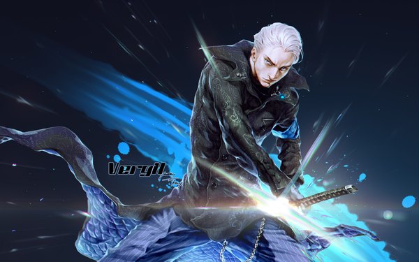 Anime picture 2300x1438 with devil may cry vergil rukiana single highres short hair blue eyes white hair inscription light fighting stance boy weapon sword katana chain cloak necklace splashes armband