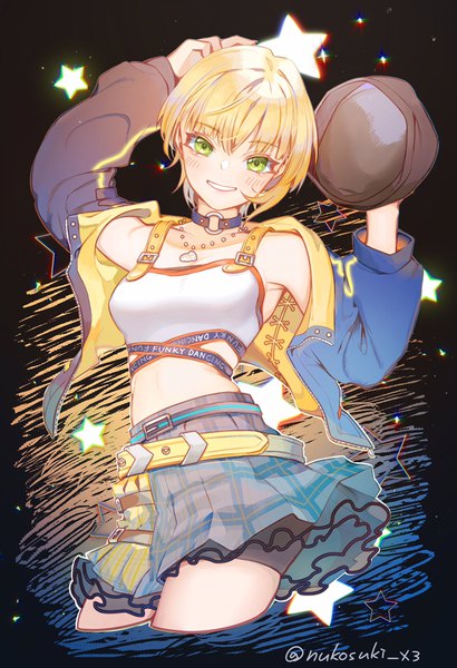 Anime picture 750x1096 with idolmaster idolmaster cinderella girls idolmaster cinderella girls starlight stage miyamoto frederica koyo akio single tall image looking at viewer blush short hair blonde hair smile green eyes signed open jacket twitter username grin plaid skirt hat removed headwear removed