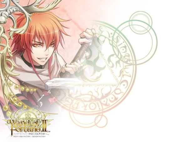 Anime picture 1400x1064 with wand of fortune 2 idea factory lagi el nagil single short hair smile red hair inscription orange eyes boy weapon detached sleeves sword huge weapon huge sword