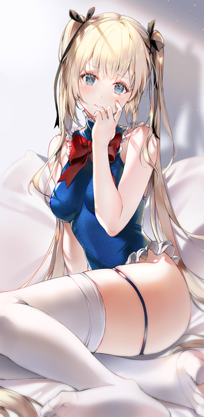 Anime picture 1000x2048 with azur lane dead or alive marie rose marie rose (devilish servant against the splashing waves) 2sham single long hair tall image looking at viewer blush fringe breasts light erotic blonde hair large breasts sitting payot indoors blunt bangs head tilt