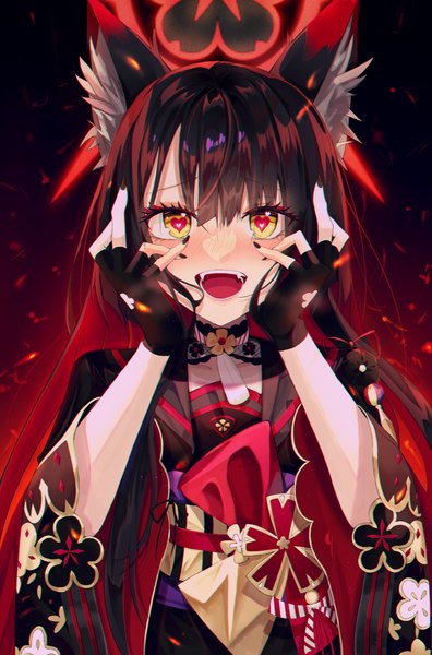 Anime picture 3700x5600 with blue archive wakamo (blue archive) melt (melt out1) single long hair tall image looking at viewer blush fringe highres open mouth black hair hair between eyes animal ears yellow eyes absurdres upper body red hair nail polish traditional clothes