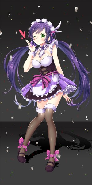Anime picture 600x1200 with love live! school idol project sunrise (studio) love live! toujou nozomi yeni single long hair tall image blush twintails green eyes purple hair one eye closed wink maid low twintails dark background girl thighhighs dress