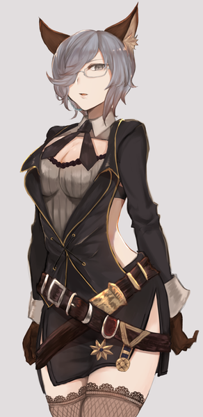 Anime picture 749x1537 with granblue fantasy freesia von bismarck moshoko (mizuneroku) single tall image looking at viewer fringe breasts open mouth light erotic simple background large breasts standing animal ears cleavage long sleeves lips grey hair hair over one eye grey background