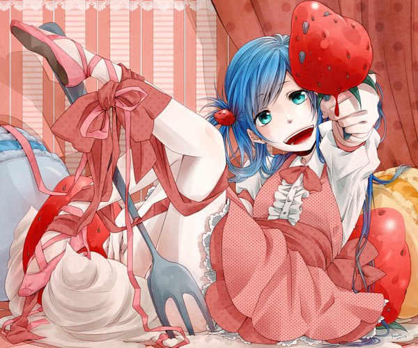 Anime-Bild 1800x1500 mit vocaloid hatsune miku chitose kana (artist) single long hair highres open mouth blue eyes blue hair girl dress ribbon (ribbons) bow food berry (berries) strawberry cream