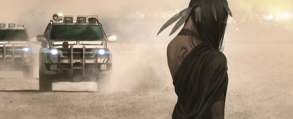 Anime-Bild 1500x610 mit original shiira single long hair black hair wide image standing from behind tattoo back dust girl hair ornament feather (feathers) ground vehicle car