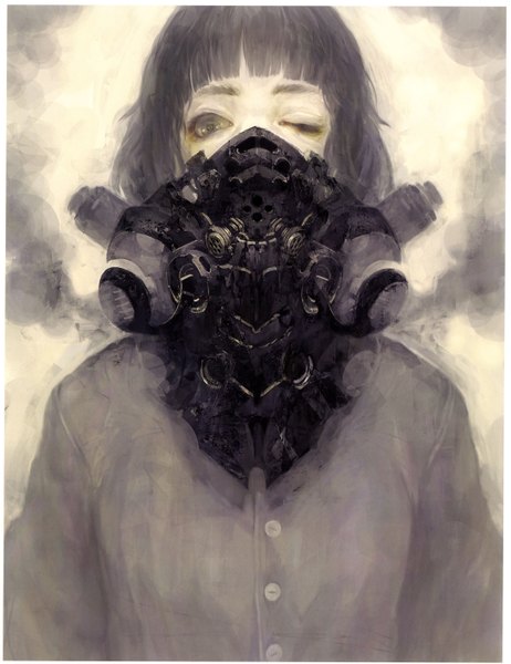 Anime picture 2178x2827 with original pixiv girls collection 2011 oguchi (sugimoto gang) single tall image highres short hair absurdres one eye closed grey hair wink scan border eyeshadow girl sweater mask respirator gas mask