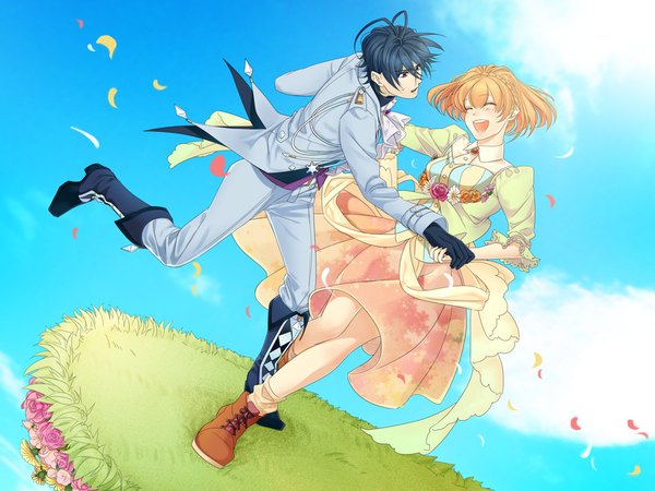 Anime picture 1056x792 with original winter (character) spring (character) kabocha (pixiv2825245) short hair open mouth blonde hair brown eyes blue hair sky cloud (clouds) braid (braids) eyes closed wind orange hair couple holding hands happy surprised dancing