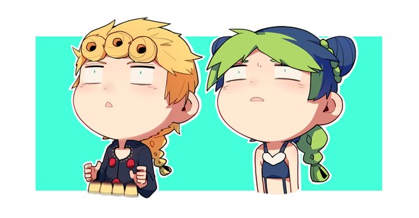 Anime picture 1852x965 with jojo no kimyou na bouken kujo jolyne giorno giovanna wang xinquan long hair blush highres open mouth black hair simple background blonde hair wide image bare shoulders braid (braids) multicolored hair green hair two-tone hair :o hair bun (hair buns) looking up