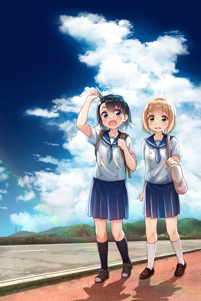 Anime picture 1600x2400 with houkago teibou nisshi tsurugi hina hodaka natsumi uneune tall image looking at viewer blush fringe short hair open mouth blue eyes black hair blonde hair smile hair between eyes standing multiple girls brown eyes sky cloud (clouds)