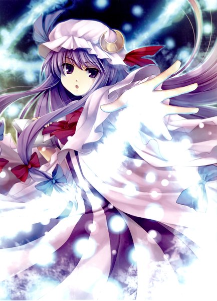 Anime picture 1969x2729 with touhou patchouli knowledge hagiwara rin single long hair tall image highres open mouth purple eyes purple hair magic crescent girl bow hair bow headdress bonnet fireflies