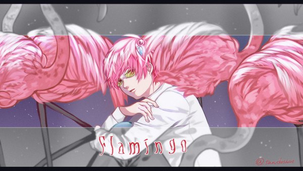 Anime picture 1300x735 with saiki kusuo no psi nan saiki kusuo pirika (rm0315) single looking at viewer short hair wide image sitting signed pink hair head tilt twitter username turning head embryo's pose boy animal shirt glasses white shirt bird (birds)