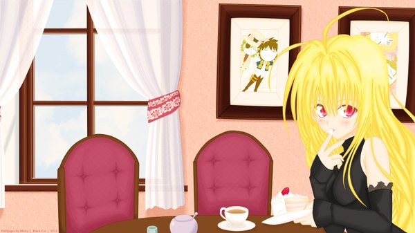 Anime picture 1600x900 with black cat gonzo eve single long hair blonde hair red eyes wide image ahoge vector girl detached sleeves window curtains cup picture