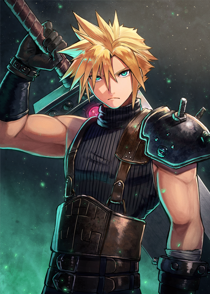 Anime picture 1212x1700 with final fantasy final fantasy vii square enix cloud strife kuroi susumu single tall image looking at viewer fringe short hair blue eyes blonde hair hair between eyes upper body boy gloves weapon black gloves armor huge weapon