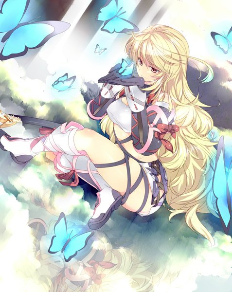 Anime picture 875x1100 with tales of (series) tales of xillia milla maxwell ekoo single long hair tall image blush fringe breasts blonde hair smile large breasts sitting brown eyes bent knee (knees) from above legs glowing reflection